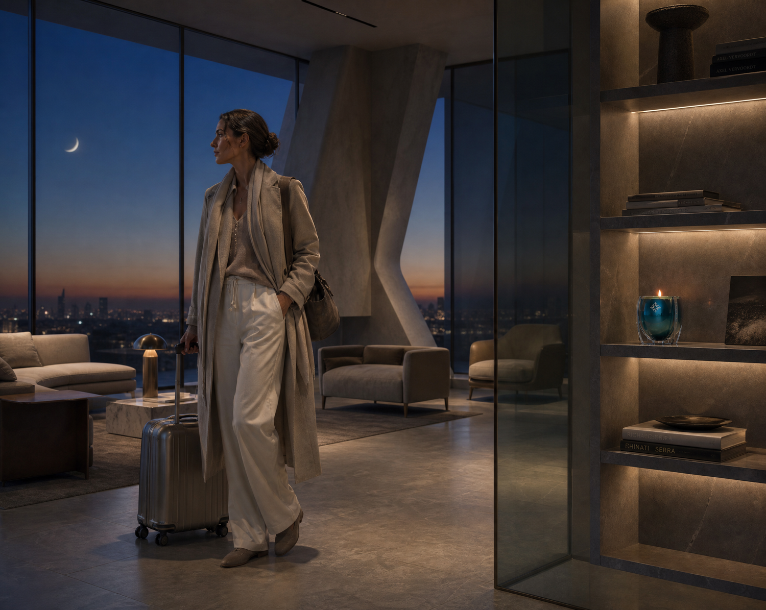 Woman beside a suitcase looks toward a crescent moon as a lit VELA NOVA Space Butterfly candle glows nearby